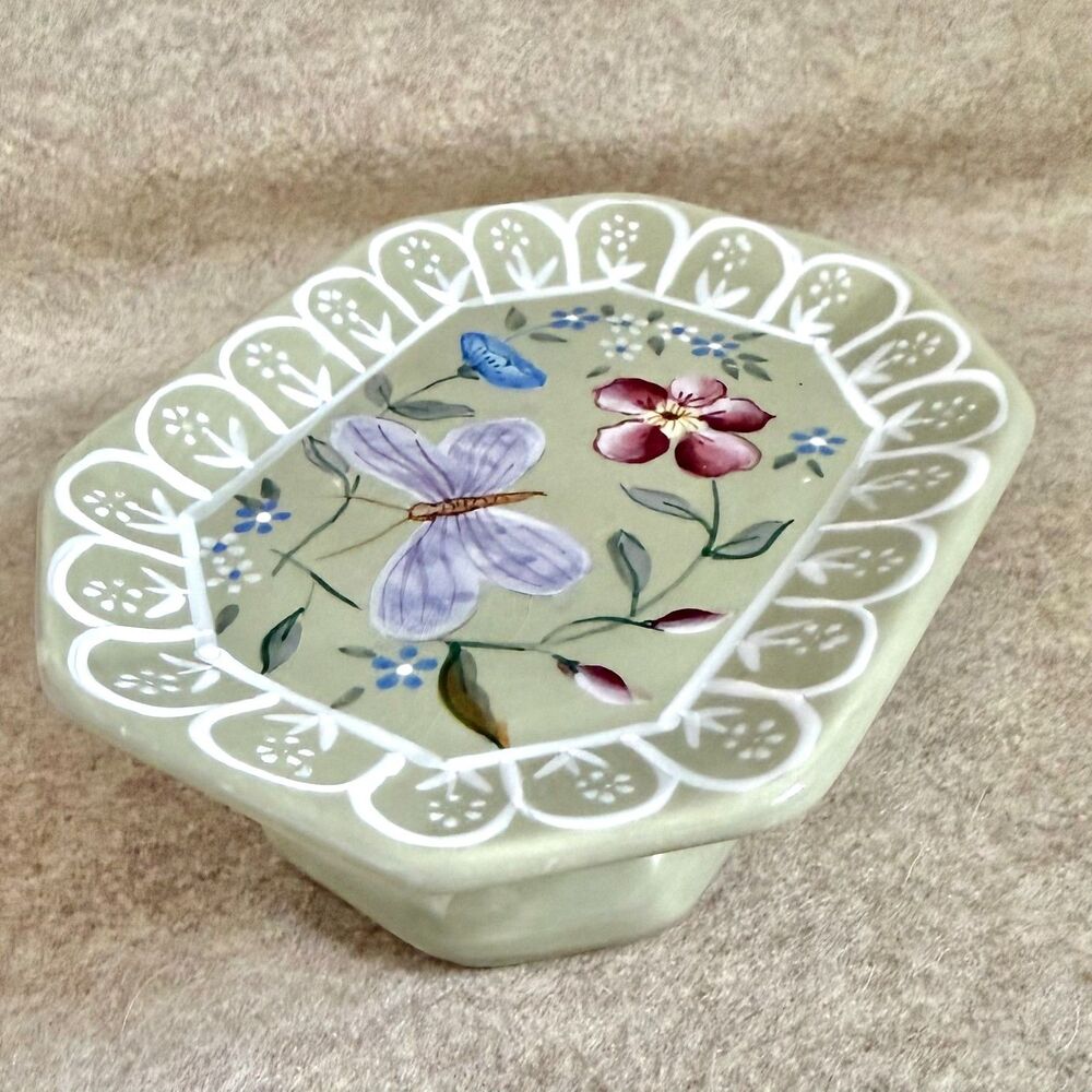 Vtg Tracy Porter ceramic soap dish green butterfly hand painted cottagecore
